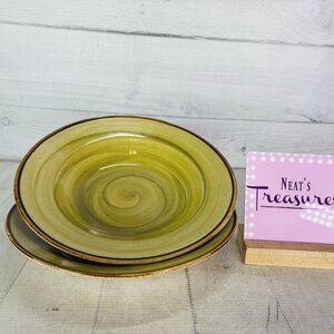 Thomson Pottery Green Swirl Speckle Brown Large Rim Soup Pasta Bowl Set 2